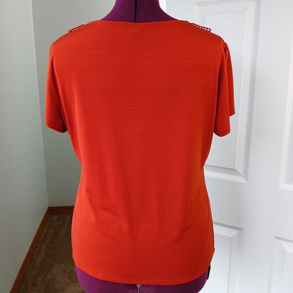 East 5th Lace V-neck Orange Blouse XL y2k business casual short sleeve polyblend - Picture 3 of 13